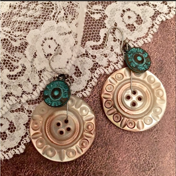 Artesian Shotgun Shell & Button Dangle Pierced Earrings Woman’s Jewelry - Picture 1 of 6